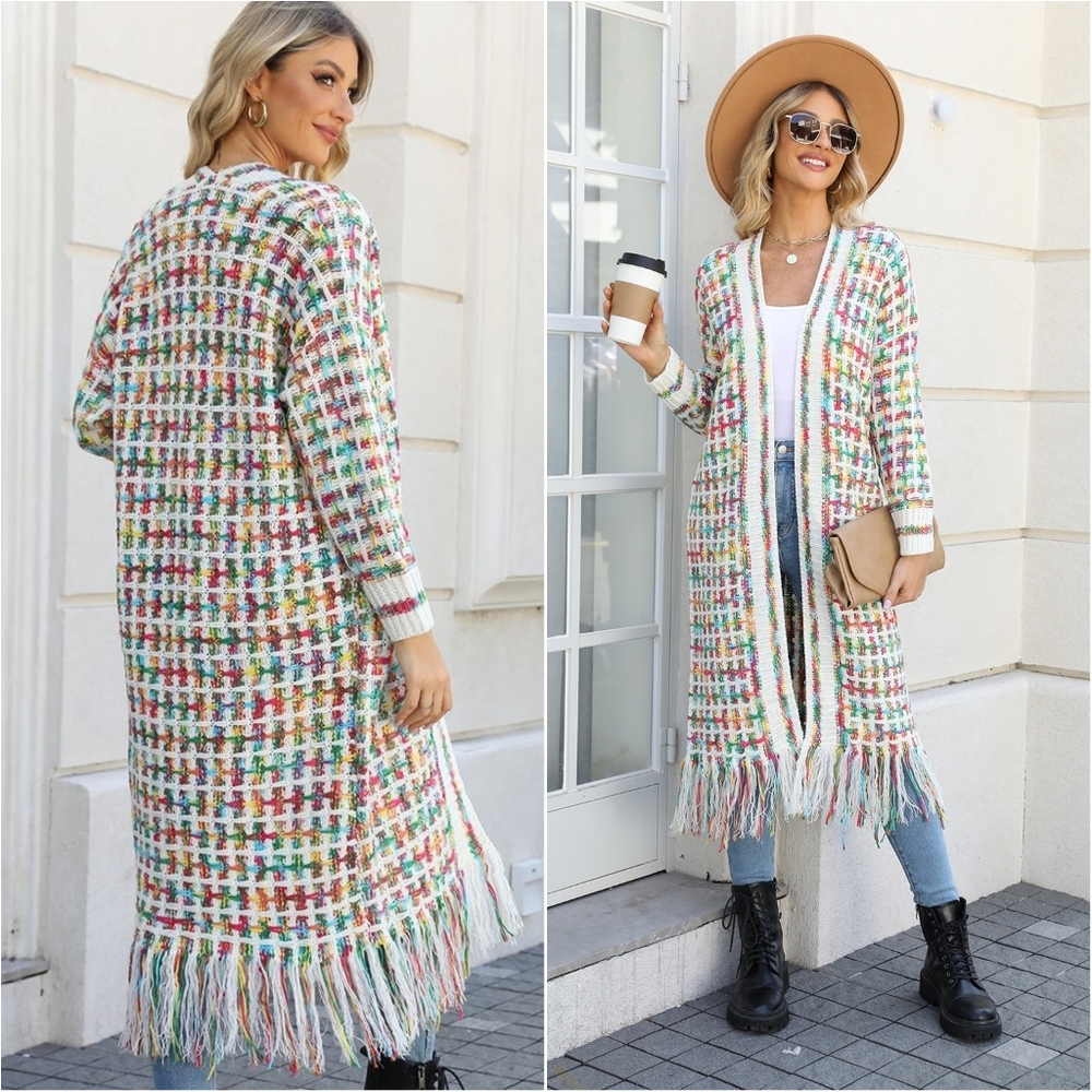 Kaleidoscope Fringe Long Cardigan - Light Multicolor